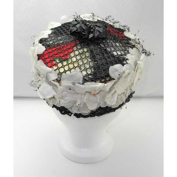 Vintage Ladies Pillbox Hat Feathers Flowers Netting - Black Red Ivory - Picture 2 of 7